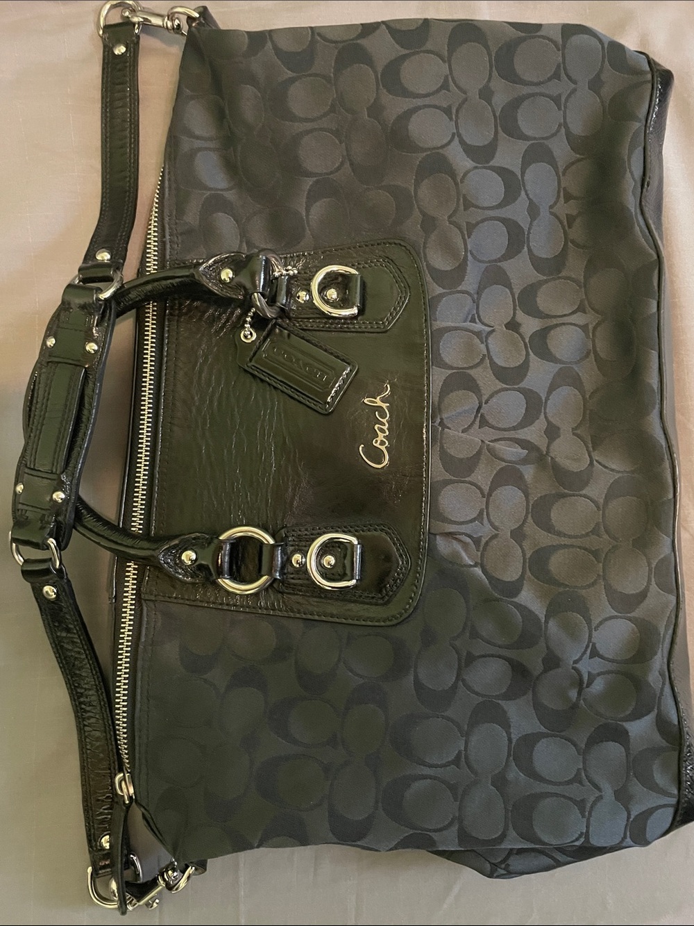 Coach Black Signature Jacquard Tote with Leather Accents